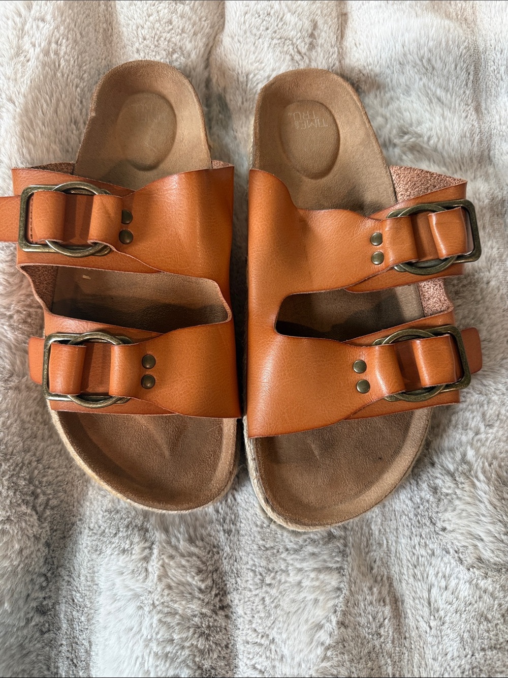 Time and Tru Orange Double-Buckle Slide Sandals